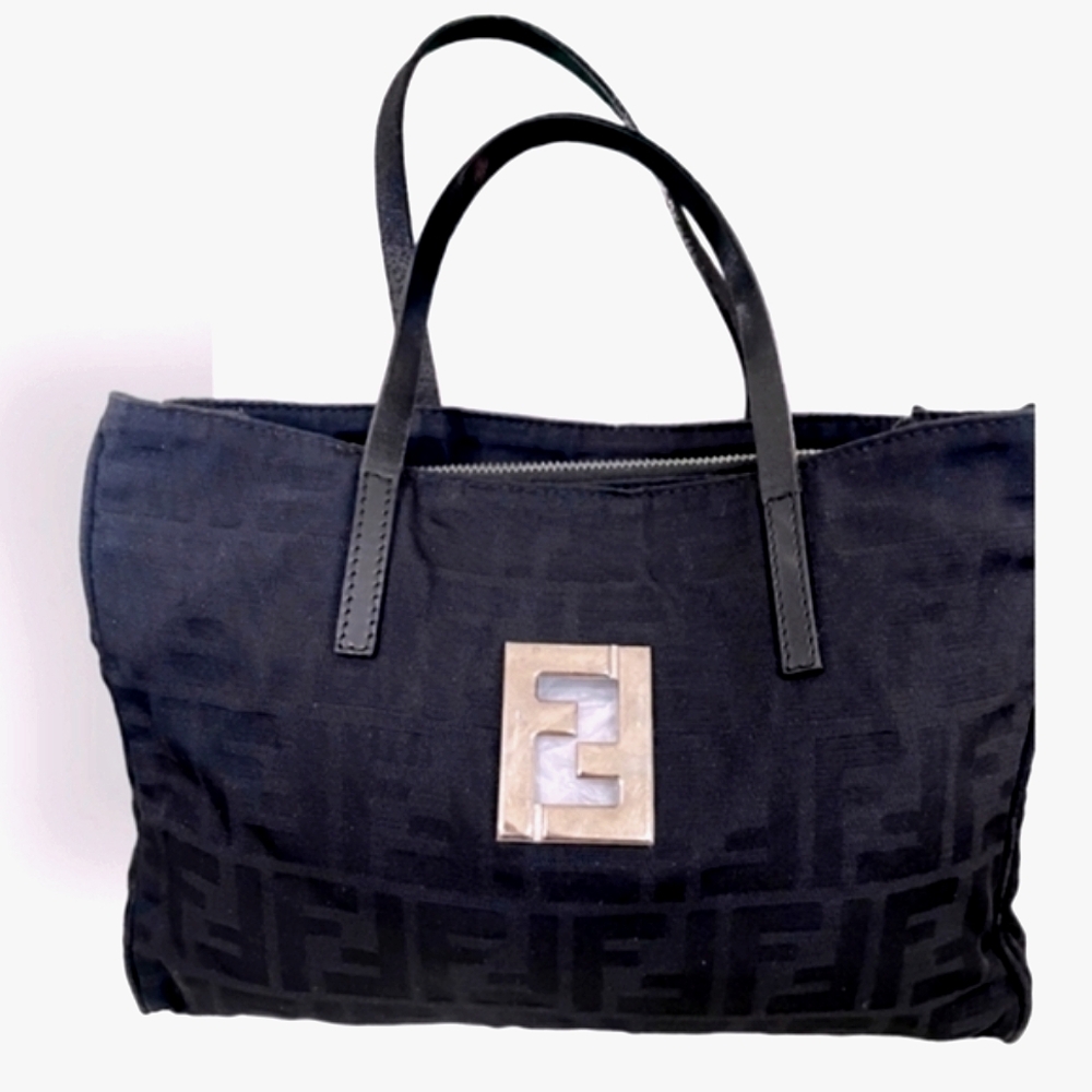 Fendi Black Tote with Silver Emblem Zucca